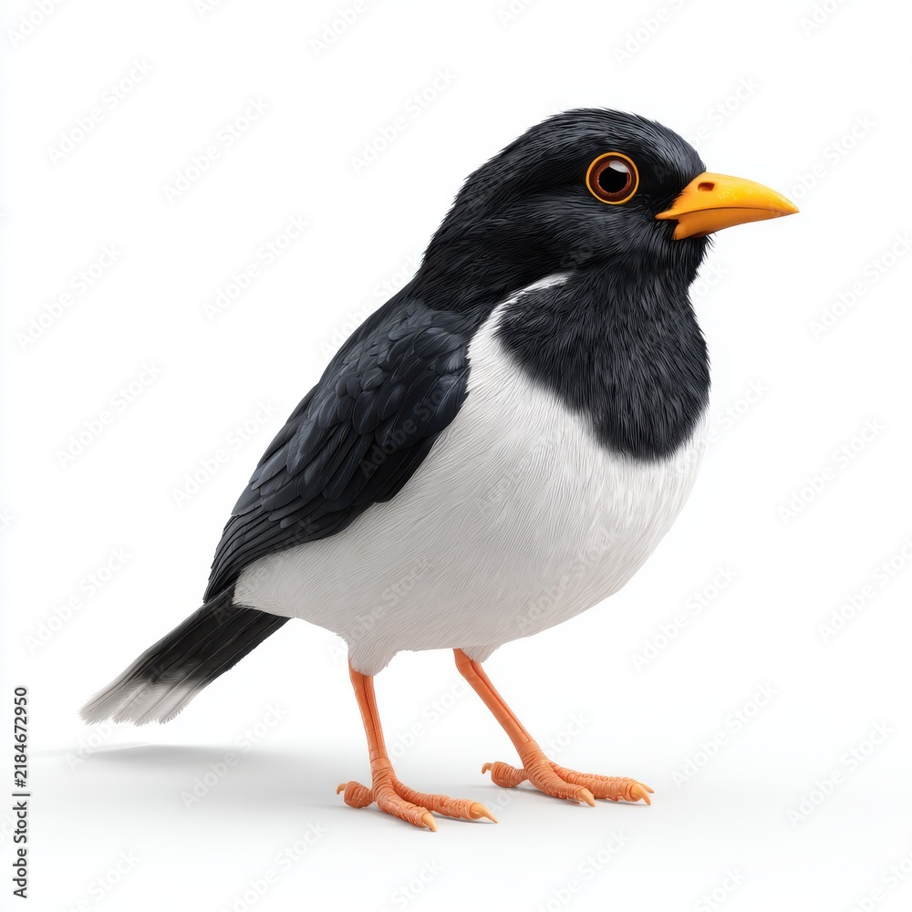 Obraz premium Small Black And White Bird With Yellow Beak Standing On White Background Studio Photography
