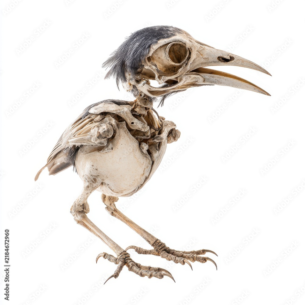 Fototapeta premium Small Bird Skeleton Specimen With Detailed Bone Structure On A Clean Isolated White Background