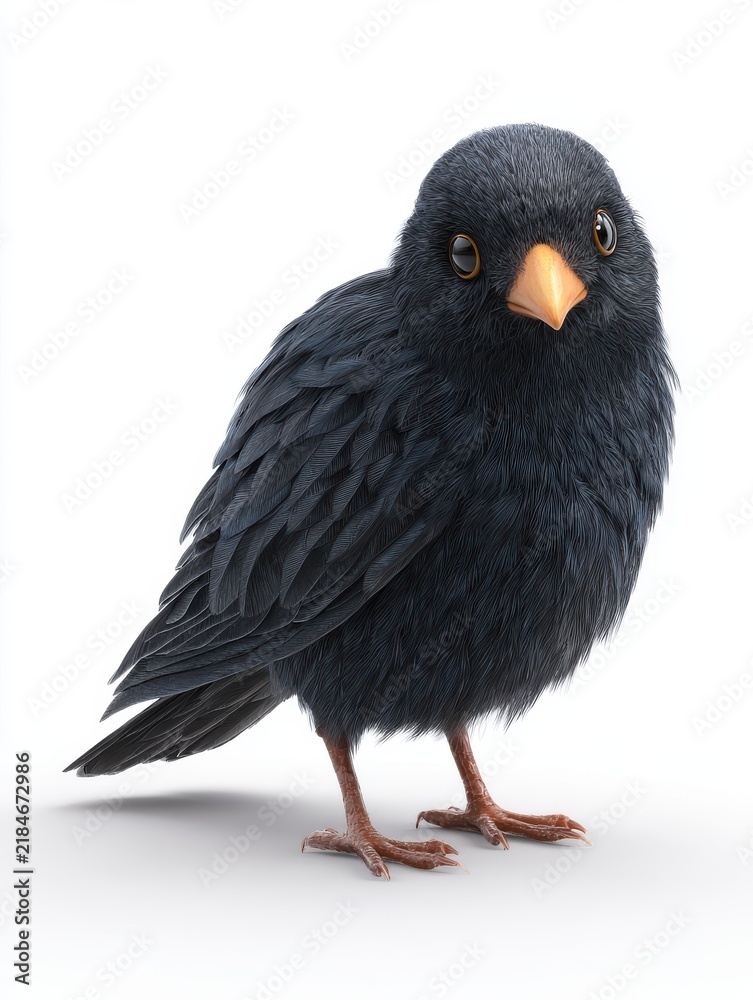 Fototapeta premium Small Black Bird With Soft Texture And Orange Beak Isolated On A Clean White Background