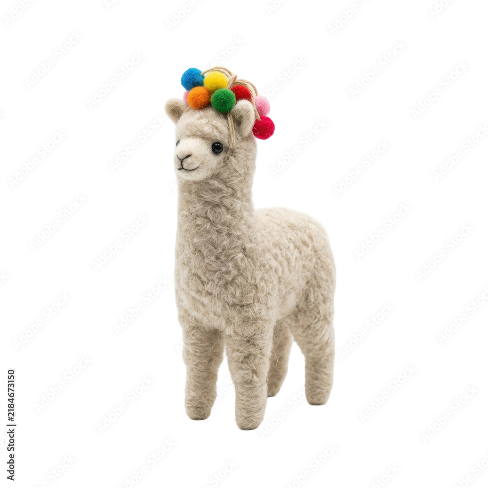 Obraz premium A fluffy beige llama figurine with a colorful pom pom hat, isolated on a transparent background.