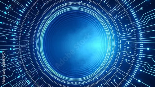 Abstract digital background with glowing blue tunnel and electronic circuit patterns