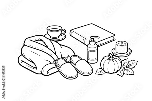 Bathrobe and slippers are arranged next to a book, tea cup, candle, and pumpkin in this line art illustration.