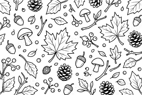 Pinecones and autumn foliage are densely packed in a hand-drawn black and white pattern background.