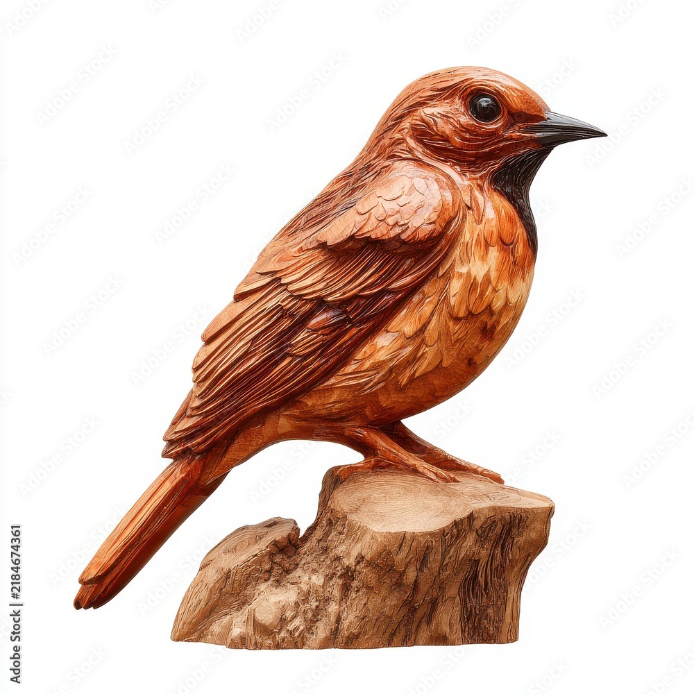 Fototapeta premium Small Brown Bird Figurine Perched On A Log Isolated On A Pure White Background