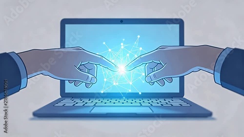 Two hands reaching toward laptop displaying white network nodes and connections