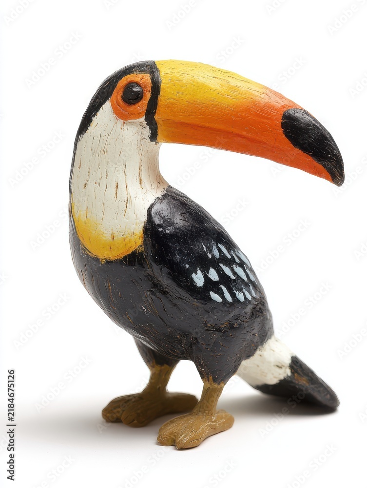 Fototapeta premium Small Handcrafted Toucan Figurine With Bright Orange Beak Standing On A Clean White Background