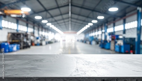 Empty concrete tabletop with blurred large industrial warehouse interior, overhead crane, blue machines and bright factory lights for product display, mockups and commercial use