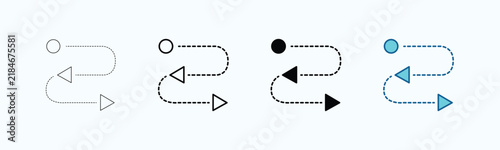 Set of four different styles of path icons with a starting point and directional arrows