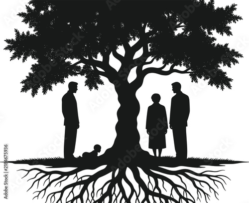 Принти на полотні Family tree concept silhouette with parents and child under large tree showing r