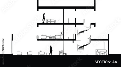 Black and white architectural section drawing of multi-story building with spiral staircase, interior spaces, furniture, and human figures, showcasing design, circulation, and spatial organization