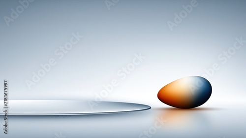 Egg-shaped abstract object with blue and orange gradient color sits next to a curved white disc on a clean minimalist studio surface.