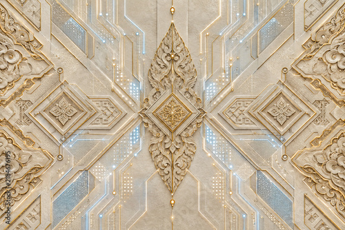 intricate golden islamic geometric ceiling pattern with luxury arabesque engravings