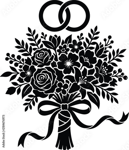 Elegant black wedding bouquet silhouette featuring intertwined rings, roses, and a ribbon bow