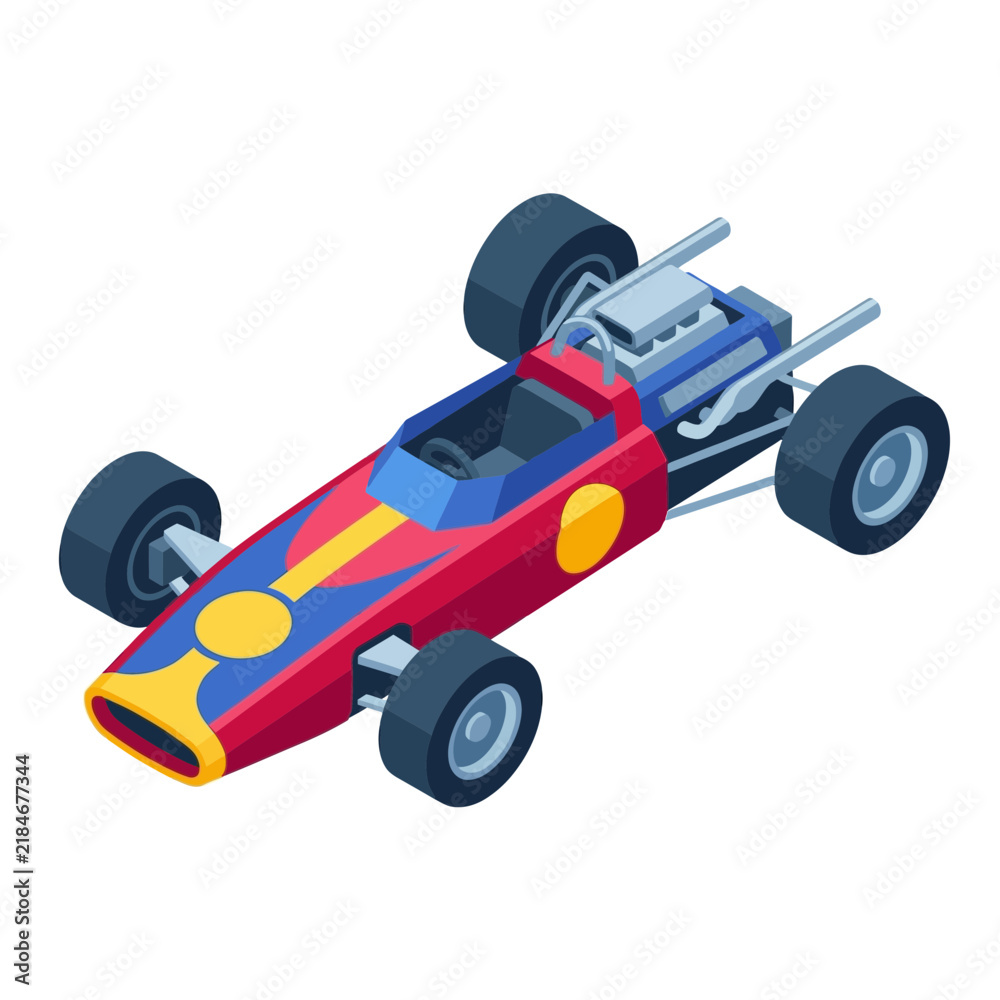 Fototapeta premium Isometric View of a Vintage Formula One Racing Car Illustration in Red with Yellow and Blue Accents, Classic Open-Wheel Motorsport Vehicle Vector Graphic on White Background