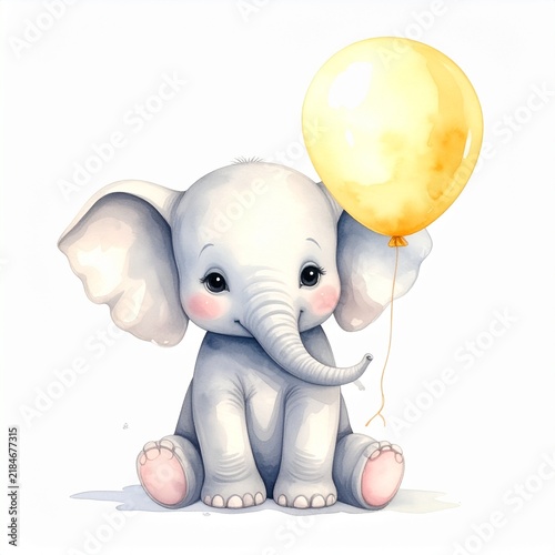 A premium watercolor illustration of a cute baby elephant sitting and playfully, hold balloon