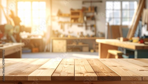 Empty polished wooden tabletop in a bright carpenter workshop with blurred shelves, tools, benches and sunbeams for product placement