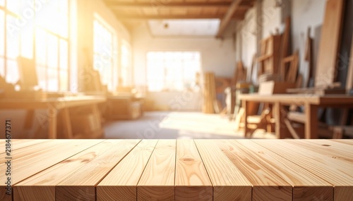 Empty wooden tabletop in a sunlit carpentry workshop with blurred workbenches, tools, lumber and bright windows for product display mockup