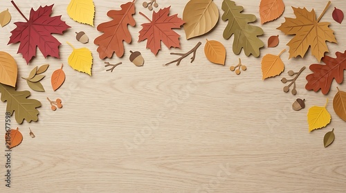 Leaves arranged on a wooden background with background colorful scattered thanksgiving november september decoration botanical