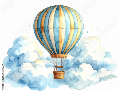 A whimsical watercolor illustration of a vintage hot air balloon with pastel blue and yellow