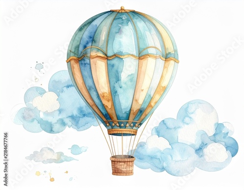 A whimsical watercolor illustration of a vintage hot air balloon with pastel blue and yellow