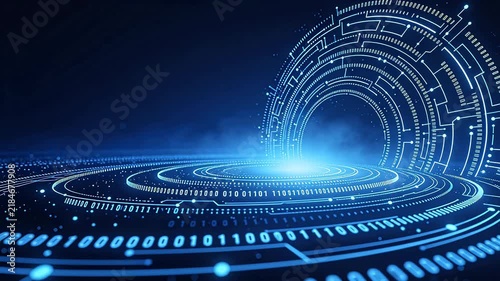 Futuristic digital tunnel with circular circuits and binary code in deep blue