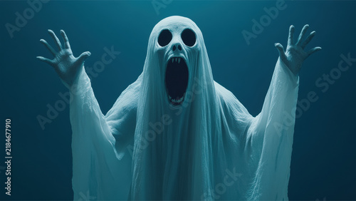 Horror Screaming Ghost Spirit in Blue Shroud Cloak with Creepy Skull Face and Fog Background for Halloween Design