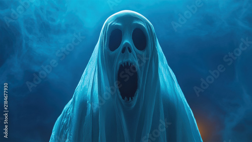 Horror Screaming Ghost Spirit in Blue Shroud Cloak with Creepy Skull Face and Fog Background for Halloween Design