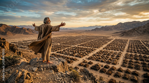 Balaam the prophet standing on a high, windy cliff, looking down at the massive Israelite camp, unable to curse them