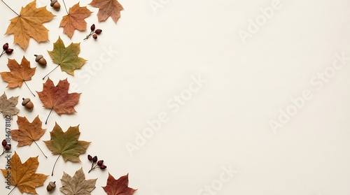 Autumn foliage border with dry maple leaves and acorns seasonal background colorful decoration botanical november september