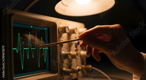 Scientist pointing at electrical wave frequency on an oscilloscope screen