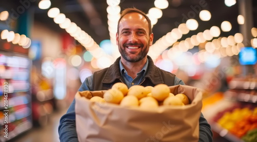 A male store loader is carrying a beige jacket containing peeled potatoes.