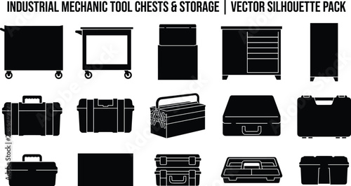 Industrial mechanic tool chests and storage vector silhouette pack featuring rolling cabinets and boxes