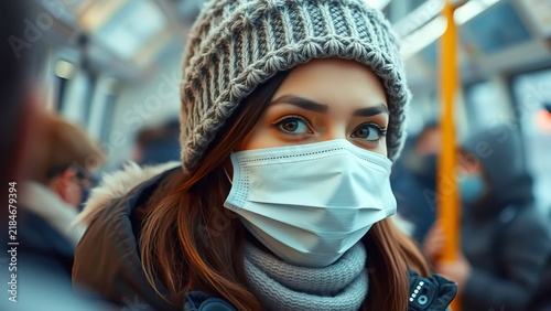 A woman rides a bus in winter, wearing a knitted hat and jacket, as well as a white medical flu mask.