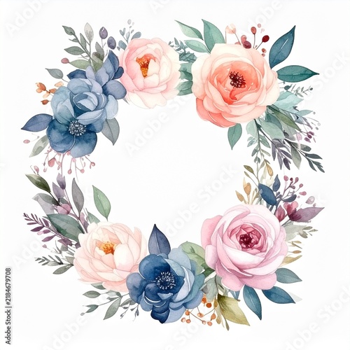 An elegant watercolor floral wreath made of blush pink and blush blue roses