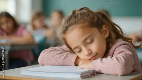 A girl fell asleep at her desk during a lesson in elementary school because she didn't get enough sleep.