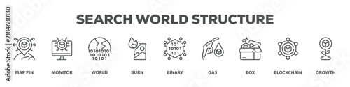 Search World Structure with icon of Map pin, Monitor, World, Burn, Binary, Gas, Box, Blockchain, Growth