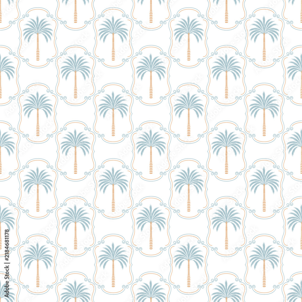 Obraz premium Soft blue palm tree seamless pattern with delicate tropical motifs on a light background.