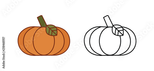 Pumpkin Icon Pair – Colored and Outline Vector Design Representing Autumn, Harvest, and Halloween
