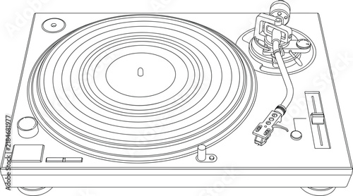 Professional black outline vector illustration of a classic vintage vinyl turntable record player