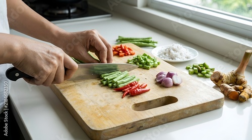 Close-up of hands slicing long beans on a wooden board to prepare traditional Balinese Lawar in a modern kitchen. Authentic healthy lifestyle and culinary culture of Bali.