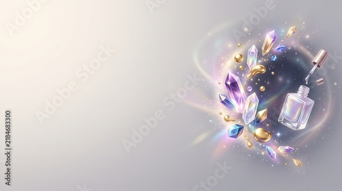 A fantasy illustration of iridescent crystals surrounded by swirling golden liquid and an open nail polish bottle with sparkles.