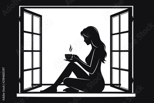 Silhouette of woman sitting by open window holding coffee cup, peaceful morning routine at home, cozy lifestyle and relaxation concept in minimalist interior
