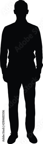 Full Length Man Silhouette Standing Isolated on White Background, Front View Male Person Shadow Figure in Casual Outfit for Design, Presentation and Graphic Projects