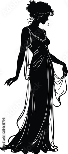 Elegant woman silhouette in flowing evening gown, graceful female figure in vintage fashion style isolated on white background, luxury beauty vector illustration
