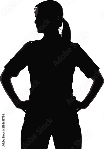Confident woman silhouette with hands on hips, strong female character profile isolated on white background, empowerment and leadership concept vector illustration