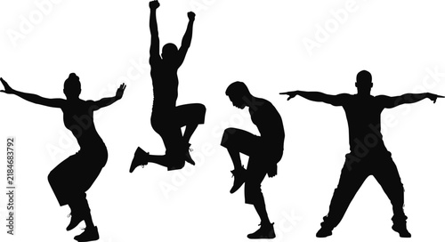 Collection of energetic dancer silhouettes in hip hop style poses, dynamic street dance performance vector set isolated on white background