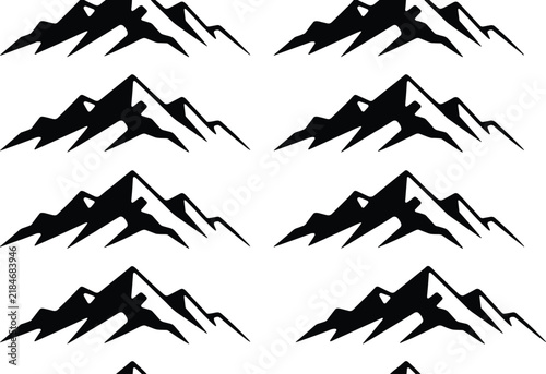 Set of mountain silhouette icons isolated on white background, minimalist black peak logos collection for adventure travel, hiking, outdoor branding design