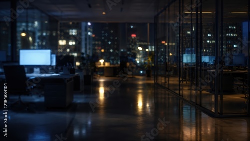 Dark modern office at night with empty desks, glowing computer monitors, glass walls, reflective floors and blurred city lights outside, creating a quiet corporate workspace after hours