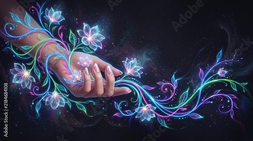 A digital illustration of a delicate hand surrounded by glowing neon flowers and vines against a dark, mystical background.