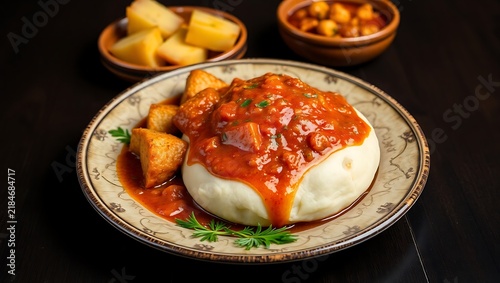 Libyan bazeen dough ball served with red stew and potatoes, plated in traditional ware on a dark rustic table